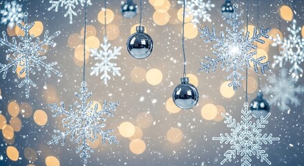 Elegant silver christmas ornaments and snowflakes hanging against a blurred bokeh background with falling snow effect for a festive scene