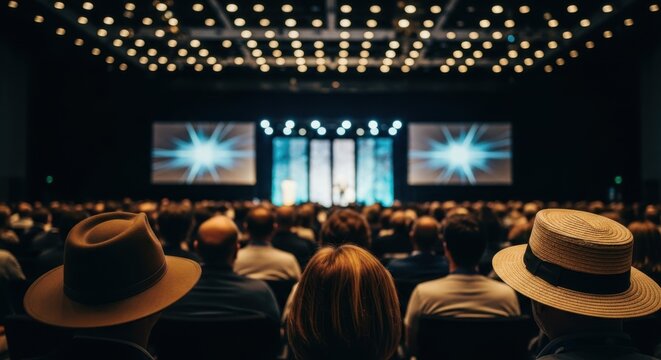 Audience watching professional presentation at a large business event