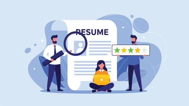 Recruitment Process Illustration: HR Managers Reviewing Candidate Resume and Giving Star Rating