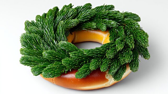 Unique holiday wreath made of fresh green pine branches arranged around a golden-brown bagel, creating a festive and creative centerpiece for seasonal celebrations and gatherings