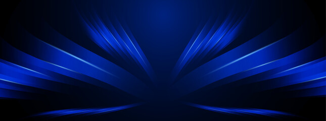 Banner of an empty dark stage with blue neon and curtains. Vector Illustrator	
