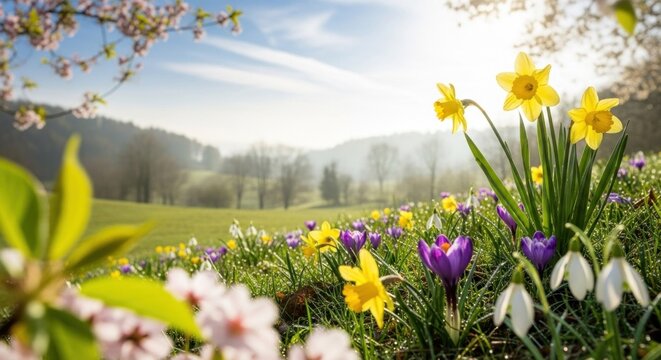 A vibrant spring meadow with a variety of colorful flowers, including daffodils, crocuses, and snowdrops, set against a backdrop of rolling hills and a clear blue sky.