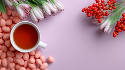 Colorful arrangement featuring a cup of tea, pink candy eggs, and fresh flowers on a pastel background, creating a cheerful and inviting atmosphere for spring celebrations