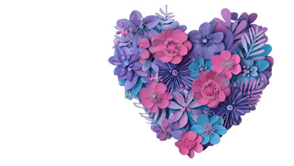 A heart shape composed of a vibrant assortment of paper flowers and leaves