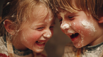 Close-up of Happy Siblings Faces Covered in Flour During Baking