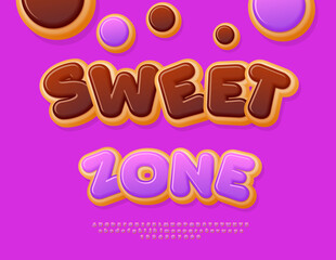 Vector Tasty Advertisement Sweet Zone. Sweet Glazed Font. Donut style Alphabet Letters and Numbers.  © Popskraft