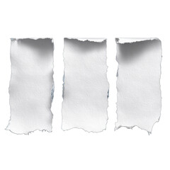 Three textured white torn paper scraps with wavy edges arranged horizontally on black
