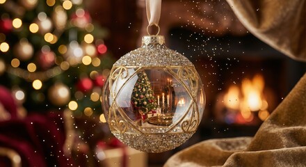 Luxurious Gold and Glass Christmas Ornament Reflecting a Cozy Living Room Scene
