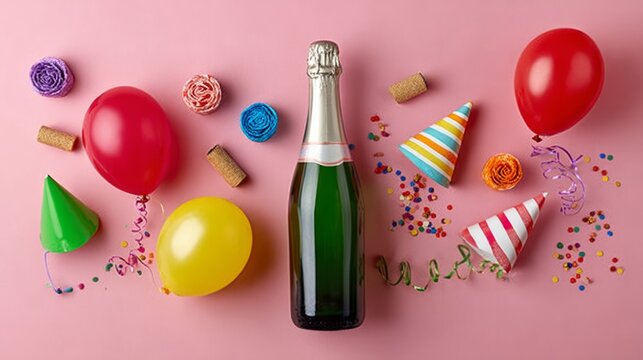 Champagne bottle surrounded by colorful balloons, festive party hats, confetti, and decorative elements on a vibrant pink background, creating a joyful celebration atmosphere for special occasions