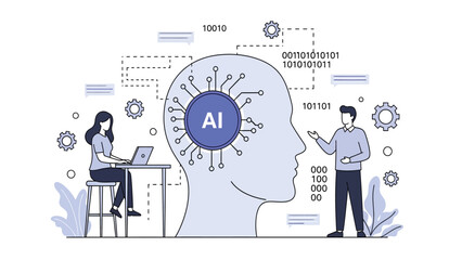Artificial Intelligence Development Concept. Vector illustration of AI brain technology, machine learning, and data processing with developers working on innovation projects.
