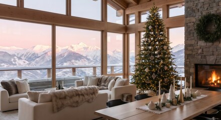 Luxury Modern Ski Chalet Interior with Panoramic Mountain Sunset View