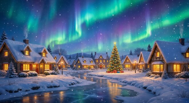 Christmas Village Night Under a Vibrant Aurora Sky