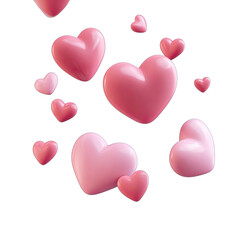 A scattering of glossy pink hearts floats in a void