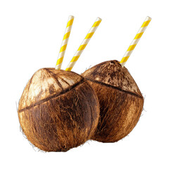 Two brown coconuts with yellow and white striped straws, ready to drink
