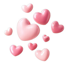 Collection of glossy pink heart shapes floating against a dark background