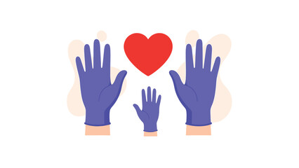 Caring Hands in Medical Gloves Surrounding a Red Heart Vector Illustration