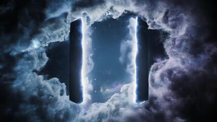 A glowing monolithic structure surrounded by celestial clouds in space - Powered by Adobe