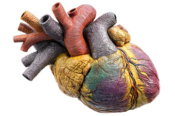 Detailed, colorful anatomical rendering of a human heart with arteries and veins