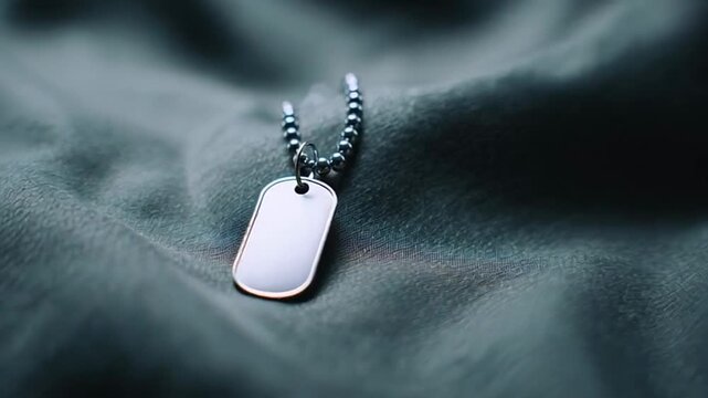 Close-up of silver dog tag, military memorabilia on soft fabric, reflective surface evokes memories and honor, suitable for Veterans Day themes