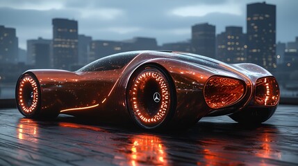 Futuristic Copper Car on Wet City Street