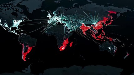 Glowing blue trade routes connecting the globe on a dark 3D map with red highlights, visualizing international logistics and supply chain network expansion - Powered by Adobe