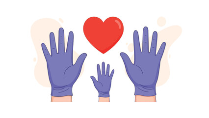 Family Hands in Protective Medical Gloves Protecting Red Heart Symbol, Conceptual Vector Illustration of Healthcare and Support