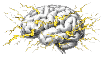Detailed grey brain with yellow electricity flowing, depicting thought energy