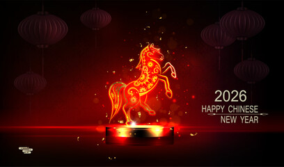 Happy Chinese New Year 2026. Illustration of a golden fire horse on a round podium.