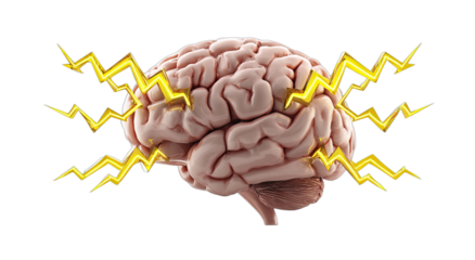 A detailed human brain illustration with bright yellow lightning radiating from its sides