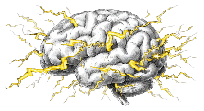 Detailed grey brain with yellow electricity flowing, depicting thought energy
