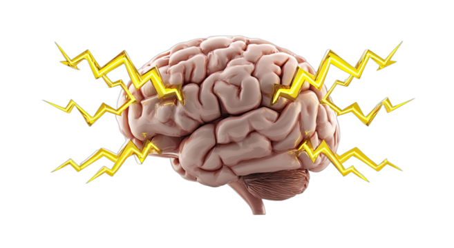 A detailed human brain illustration with bright yellow lightning radiating from its sides