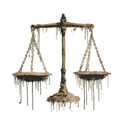 Artistic depiction of the scales of justice with aged, dripping water effects against a black backdrop