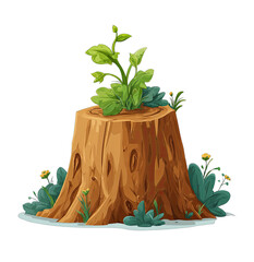 Cartoon illustration of a tree stump with growing greenery and small yellow flowers