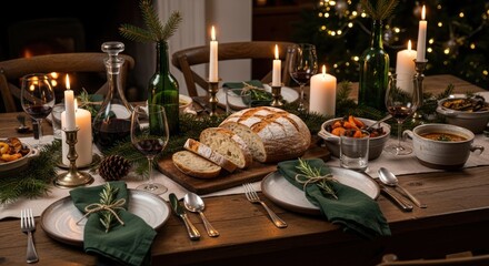 Festive Christmas dinner table setting with candles and wine.