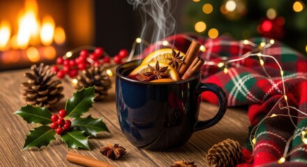 Cozy Christmas mulled wine with spices by the fireplace and Christmas tree.