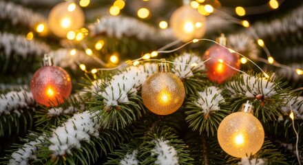 Close-up of Christmas ornaments and fairy lights on a snowy tree branch