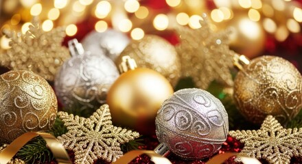 Elegant gold and silver Christmas ornaments with bokeh lights