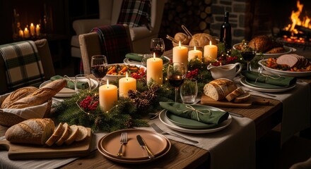 Festive holiday dinner table set with candles and food by a fireplace.