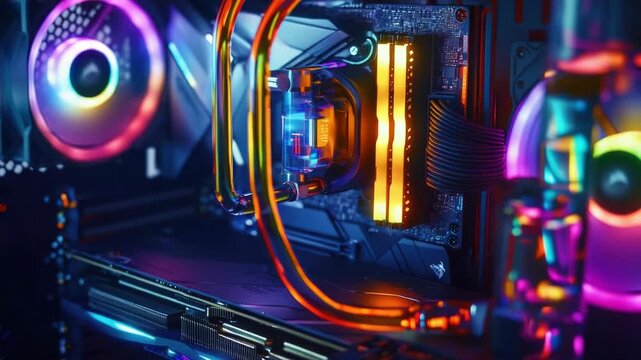 Video A close-up shot of a computer case featuring vibrant lights and intricate details