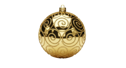 A luxurious golden Christmas bauble features an intricate swirling pattern made of sparkling glitter, creating an elegant and festive holiday decoration