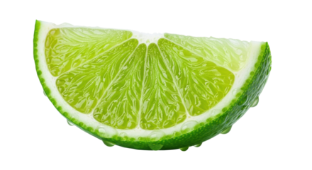 Macro photograph of a single juicy lime slice with sparkling water drops, highlighting the translucent texture of the citrus fruit's inner flesh and vibrant green peel