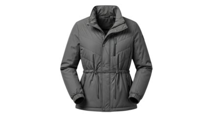 A modern gray quilted winter jacket for women with a high stand-up collar, zip closure, drawstring waist, and elastic cuffs, presented as a stylish piece of outerwear