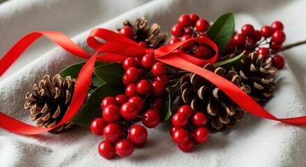 Festive holiday decoration with red ribbon and pine cones.