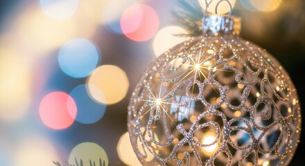 Close-up of a sparkling Christmas ornament with bokeh lights.