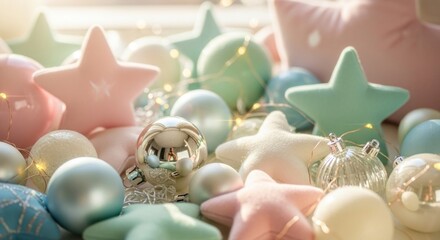 Pastel Christmas ornaments and star decorations create a cozy scene.