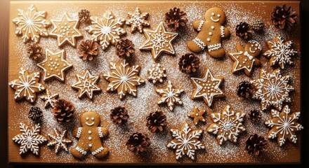 Christmas gingerbread cookies decorated with white icing and pine cones.
