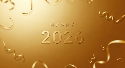 Happy New Year 2026 is displayed on a golden background.