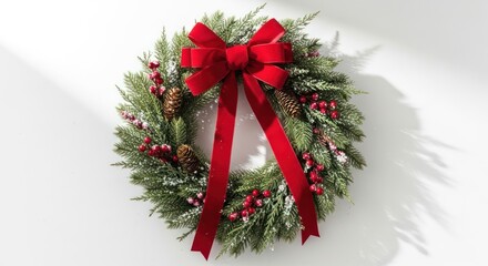 Christmas wreath with red ribbon and pine cones on a white background