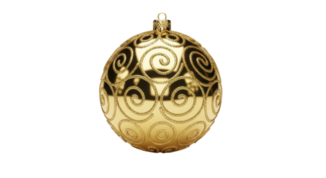 A luxurious golden Christmas bauble features an intricate swirling pattern made of sparkling glitter, creating an elegant and festive holiday decoration