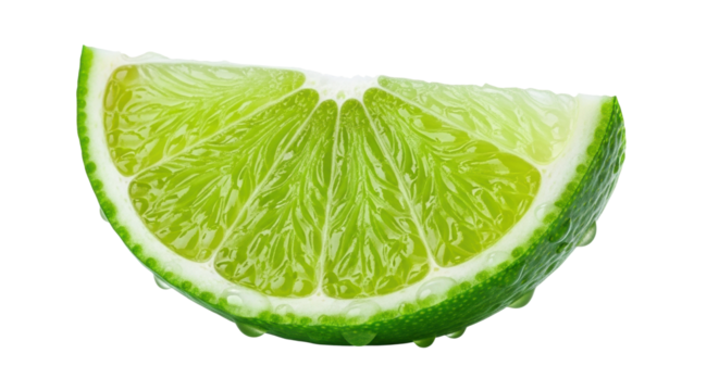 Macro photograph of a single juicy lime slice with sparkling water drops, highlighting the translucent texture of the citrus fruit's inner flesh and vibrant green peel